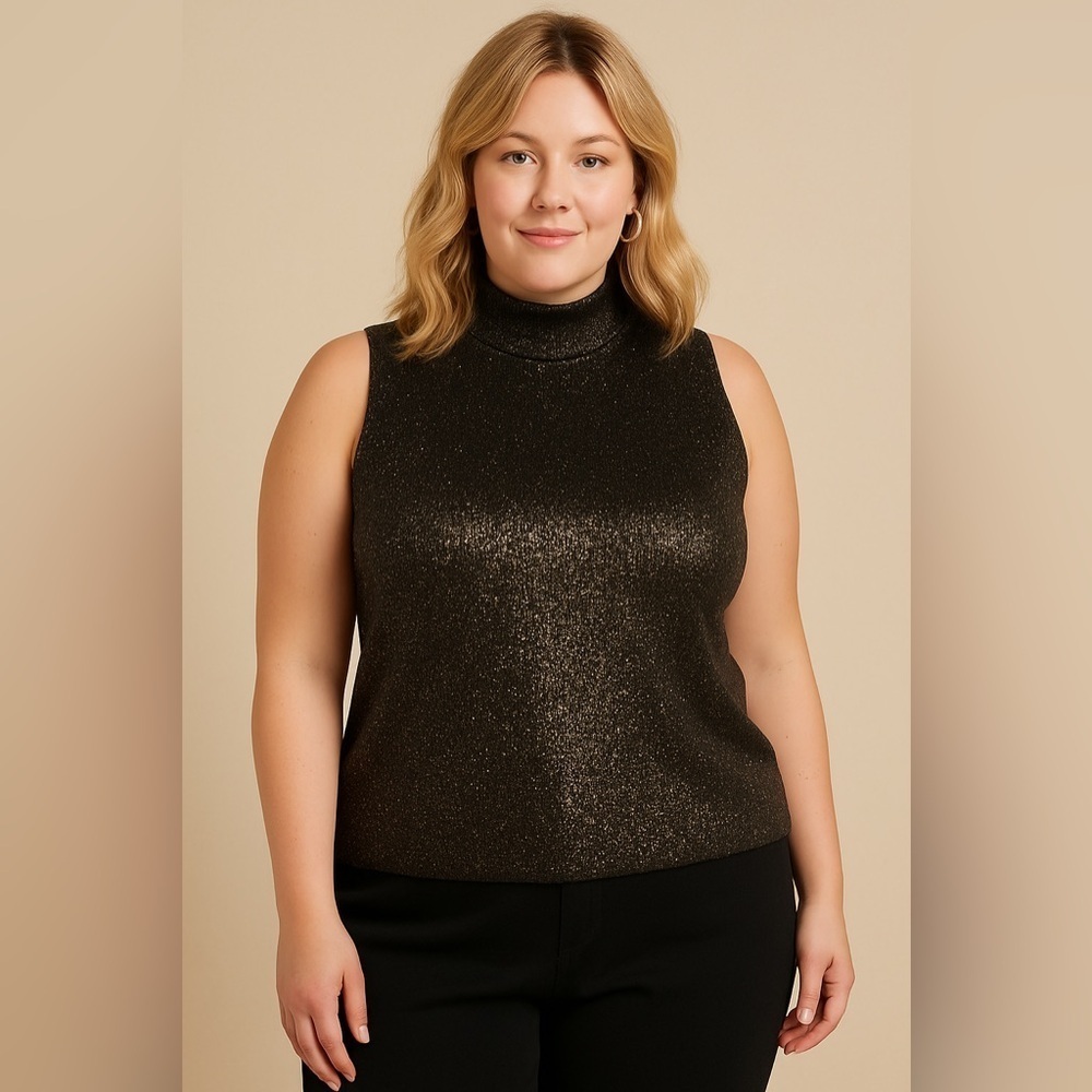 Liz Claiborne Emma James Black Gold Shimmer Mock Neck Sweater Tank Top 1X